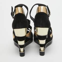 Salvatore Ferragamo Black/Gold Suede, Watersnake and Leather Lexus Platform Sandals Size 39.5