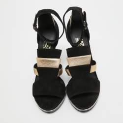 Salvatore Ferragamo Black/Gold Suede, Watersnake and Leather Lexus Platform Sandals Size 39.5