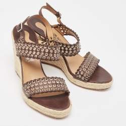 Salvatore Ferragamo Brown Leather Eyelet Embellished Wedge Sandals Size 40.5 
