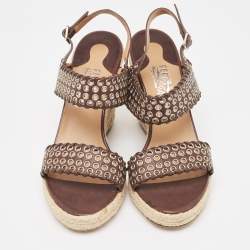 Salvatore Ferragamo Brown Leather Eyelet Embellished Wedge Sandals Size 40.5 