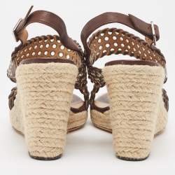 Salvatore Ferragamo Brown Leather Eyelet Embellished Wedge Sandals Size 40.5 