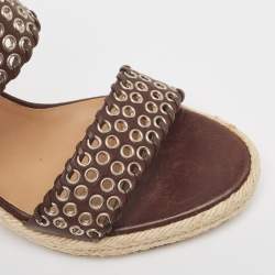 Salvatore Ferragamo Brown Leather Eyelet Embellished Wedge Sandals Size 40.5 