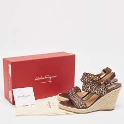 Salvatore Ferragamo Brown Leather Eyelet Embellished Wedge Sandals Size 40.5 