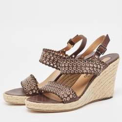 Salvatore Ferragamo Brown Leather Eyelet Embellished Wedge Sandals Size 40.5 