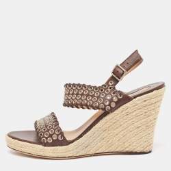 Salvatore Ferragamo Brown Leather Eyelet Embellished Wedge Sandals Size 40.5 