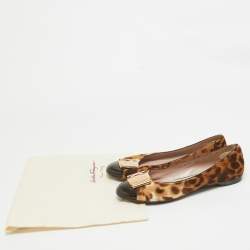 Salvatore Ferragamo Two Tone Leopard Print Calf Hair and Patent Sun Ballet Flats Size 38.5