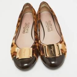 Salvatore Ferragamo Two Tone Leopard Print Calf Hair and Patent Sun Ballet Flats Size 38.5