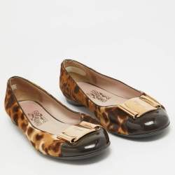 Salvatore Ferragamo Two Tone Leopard Print Calf Hair and Patent Sun Ballet Flats Size 38.5