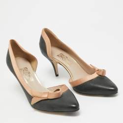 Pre Owned Salvatore Ferragamo Black/Peach Satin and Leather Bow D'Orsay Pumps Size 40
