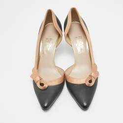 Pre Owned Salvatore Ferragamo Black/Peach Satin and Leather Bow D'Orsay Pumps Size 40