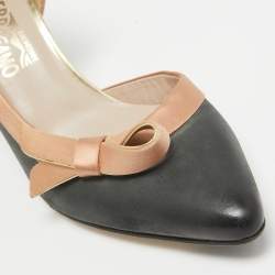 Pre Owned Salvatore Ferragamo Black/Peach Satin and Leather Bow D'Orsay Pumps Size 40