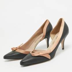 Pre Owned Salvatore Ferragamo Black/Peach Satin and Leather Bow D'Orsay Pumps Size 40