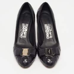 مملوكة مسبقًا Salvatore Ferragamo Black Quilted Leather Bow Pumps Size 36.5