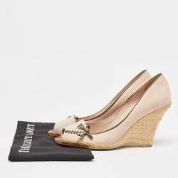 Salvatore Ferragamo Beige Nubuck Leather Peep Toe Espadrille Wedge Pumps Size 38.5