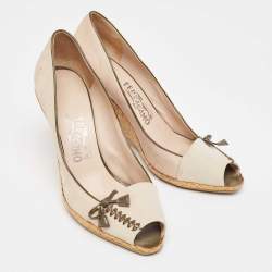 Salvatore Ferragamo Beige Nubuck Leather Peep Toe Espadrille Wedge Pumps Size 38.5