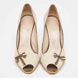 Salvatore Ferragamo Beige Nubuck Leather Peep Toe Espadrille Wedge Pumps Size 38.5