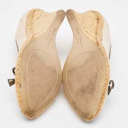 Salvatore Ferragamo Beige Nubuck Leather Peep Toe Espadrille Wedge Pumps Size 38.5