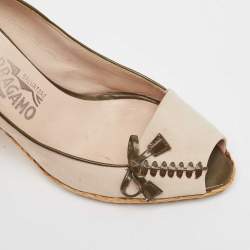 Salvatore Ferragamo Beige Nubuck Leather Peep Toe Espadrille Wedge Pumps Size 38.5