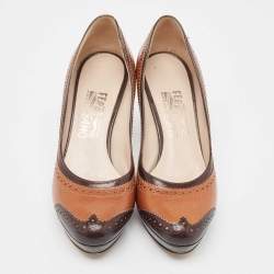 Salvatore Ferragamo Brown/Black Brogue Leather Platform Pumps Size 37.5