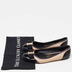 Pre Owned Salvatore Ferragamo Beige/Black Leather and Patent Leather Ballerina Flats Size 35.5