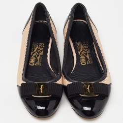 Pre Owned Salvatore Ferragamo Beige/Black Leather and Patent Leather Ballerina Flats Size 35.5