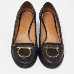 Pre Owned Salvatore Ferragamo Black Leather Fele Gancio Detail Loafer Pumps Size 38
