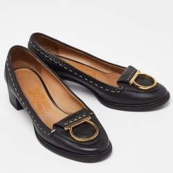 Pre Owned Salvatore Ferragamo Black Leather Fele Gancio Detail Loafer Pumps Size 38
