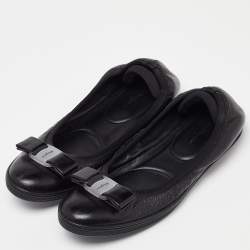 Pre Owned Salvatore Ferragamo Black Leather Vara Bow Ballet Flats Size 38