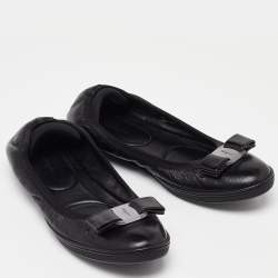 Pre Owned Salvatore Ferragamo Black Leather Vara Bow Ballet Flats Size 38