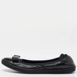 Pre Owned Salvatore Ferragamo Black Leather Vara Bow Ballet Flats Size 38