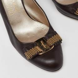 Salvatore Ferragamo Brown Leather Studded Vara Bow Pumps Size 37