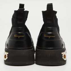 Pre Owned Salvatore Ferragamo Black Leather and Knit Fabric Cosma Sock Sneakers Size 39.5