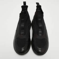 Pre Owned Salvatore Ferragamo Black Leather and Knit Fabric Cosma Sock Sneakers Size 39.5