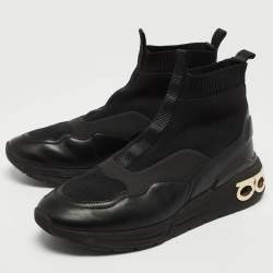 Pre Owned Salvatore Ferragamo Black Leather and Knit Fabric Cosma Sock Sneakers Size 39.5