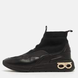 Pre Owned Salvatore Ferragamo Black Leather and Knit Fabric Cosma Sock Sneakers Size 39.5
