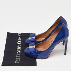 Pre Owned Salvatore Ferragamo Blue Patent Leather Vara Bow Platform Pumps Size 36