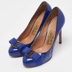 Pre Owned Salvatore Ferragamo Blue Patent Leather Vara Bow Platform Pumps Size 36