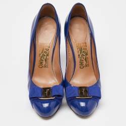 Pre Owned Salvatore Ferragamo Blue Patent Leather Vara Bow Platform Pumps Size 36