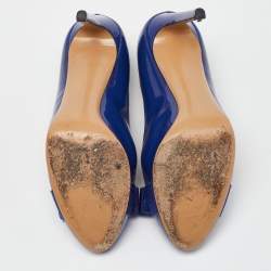 Pre Owned Salvatore Ferragamo Blue Patent Leather Vara Bow Platform Pumps Size 36