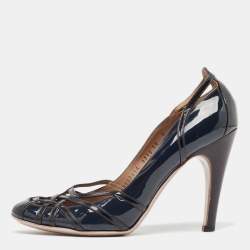 Salvatore Ferragamo Dark Blue/Black Patent Leather Strappy Pumps Size 40.5