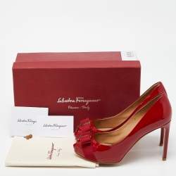 Pre Owned Salvatore Ferragamo Red Patent Leather Vara Bow Peep Toe Platform Pumps Size 38.5