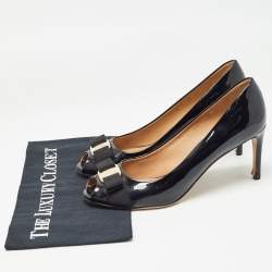 Salvatore Ferragamo Black Patent Leather Vara Bow Peep Toe Pumps Size 40.5