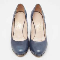 Salvatore Ferragamo Navy Blue Leather Platform Pumps Size 40.5