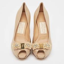 Pre Owned Salvatore Ferragamo Gold Satin Selaby Peep Toe Pumps Size 37