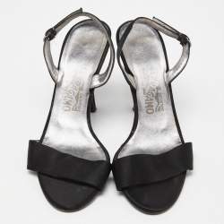 Pre Owned Salvatore Ferragamo Black  Satin Ankle Strap Sandals Size 38.5