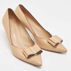 Salvatore Ferragamo Beige Leather Double Bow Pumps Size 39.5