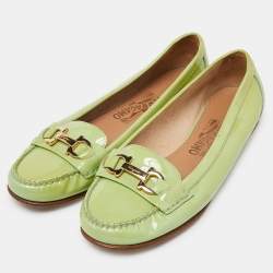 Pre Owned Salvatore Ferragamo Green Patent Leather Gancini Loafers Size 38