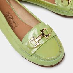 Pre Owned Salvatore Ferragamo Green Patent Leather Gancini Loafers Size 38