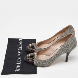 Salvatore Ferragamo Black/Grey Leather and Tweed Buckle Detail Pumps Size 39.5