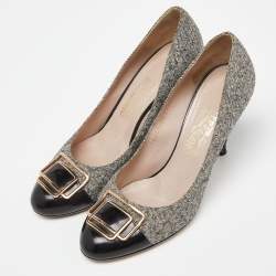 Salvatore Ferragamo Black/Grey Leather and Tweed Buckle Detail Pumps Size 39.5